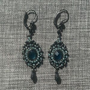 VTG Nina Ricci Blue Oxidized Silver Tone Rhinestone Encrusted Dangle Earrings